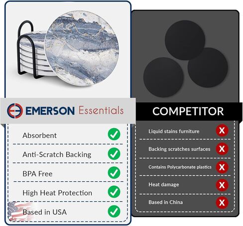 قواعد إيمرسون لامتصاص المشروبات - مجموعة قواعد أكواب للمشروبات من الحجر الطبيعي مع حامل، وقواعد لطاولة القهوة، نمط رخامي خشبي لحماية سطح الطاولة - شديدة التحمل بنسبة 100%، مجموعة من 6 قطع (أونيكس) in Kuwait