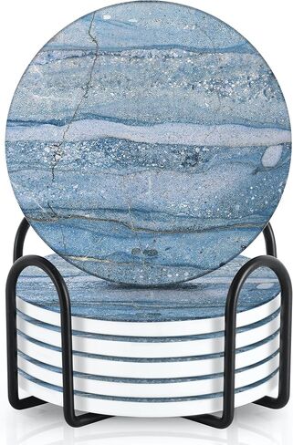 Emerson Coasters for Drinks Absorbent – Dining Table Set of 6 with Holder, 100% Ceramic Wooden Tabletop Protection Marble Style - Non Slip & Cork Bottom - Heavy Duty (Blue Onyx) in Saudi Arabia