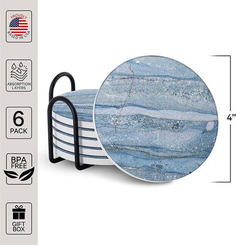Emerson Coasters for Drinks Absorbent – Dining Table Set of 6 with Holder, 100% Ceramic Wooden Tabletop Protection Marble Style - Non Slip & Cork Bottom - Heavy Duty (Blue Onyx) in Saudi Arabia
