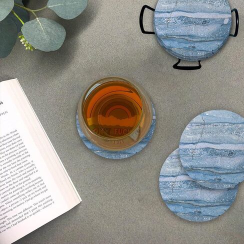 Emerson Coasters for Drinks Absorbent – Dining Table Set of 6 with Holder, 100% Ceramic Wooden Tabletop Protection Marble Style - Non Slip & Cork Bottom - Heavy Duty (Blue Onyx) in Saudi Arabia