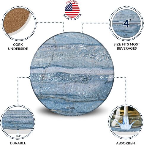 Emerson Coasters for Drinks Absorbent – Dining Table Set of 6 with Holder, 100% Ceramic Wooden Tabletop Protection Marble Style - Non Slip & Cork Bottom - Heavy Duty (Blue Onyx) in Saudi Arabia