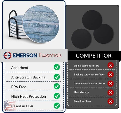 Emerson Coasters for Drinks Absorbent – Dining Table Set of 6 with Holder, 100% Ceramic Wooden Tabletop Protection Marble Style - Non Slip & Cork Bottom - Heavy Duty (Blue Onyx) in Saudi Arabia