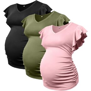 Maternity Pregnancy V Neck Fly Short Sleeve Stylish T Shirt Pregnant Side Ruched Top Shirt in Kuwait
