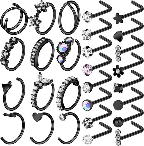 ONESING 29 Pcs 20G Black Nose Rings for Women Nose Piercing Jewelry L Shape Nose Rings Studs Nose Rings Hoop Stainless Steel Nose Jewelry Body Piercing Jewelry for Women Men in Saudi Arabia