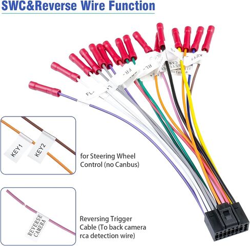 Jayubien 16Pin ISO Car Stereo Radio Wiring Harness Adapter with Butt Connectors SWC Reverse Control Cable for Android Stereo Wire Harness in Kuwait
