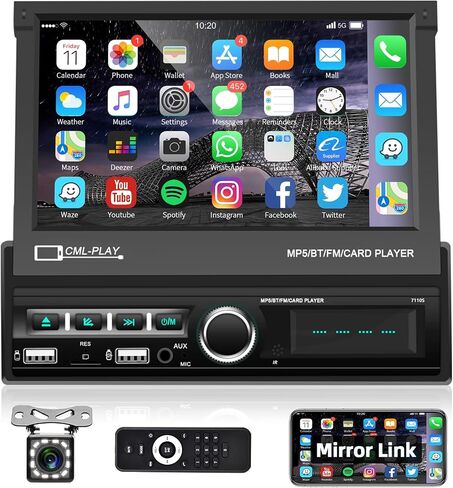 Podofo Single Din Touchscreen Car Stereo 7 Inch Motorized Flip Out Screen Car Radio in Dash Head Unit Support Bluetooth FM AUX USB SD Mirror Link with Backup Camera in Saudi Arabia