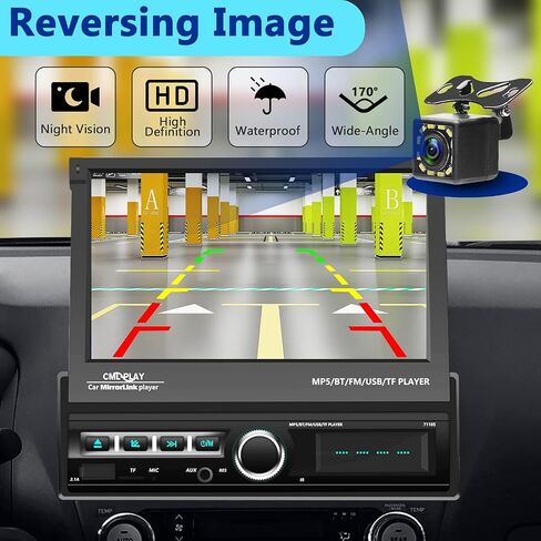 Podofo Single Din Touchscreen Car Stereo 7 Inch Motorized Flip Out Screen Car Radio in Dash Head Unit Support Bluetooth FM AUX USB SD Mirror Link with Backup Camera in Saudi Arabia