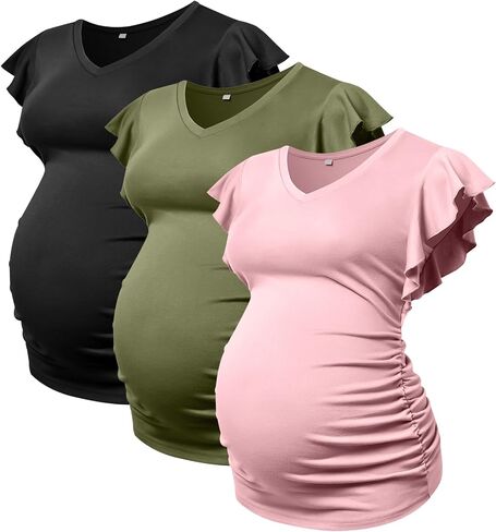 Maternity Pregnancy V Neck Fly Short Sleeve Stylish T Shirt Pregnant Side Ruched Top Shirt in Kuwait