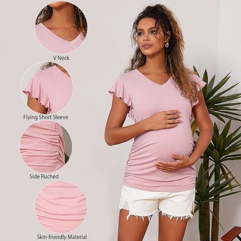 Maternity Pregnancy V Neck Fly Short Sleeve Stylish T Shirt Pregnant Side Ruched Top Shirt in Kuwait