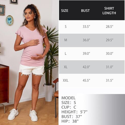 Maternity Pregnancy V Neck Fly Short Sleeve Stylish T Shirt Pregnant Side Ruched Top Shirt in Kuwait