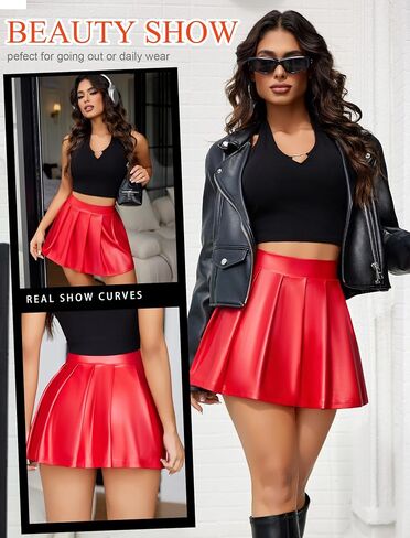 Avidlove Short Mini Skirts for Women Trendy High Waisted Leather Pleated Solid Ruffle Skirt in Saudi Arabia