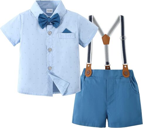 nilikastta Toddler Baby Boy Outfits Boys Gentleman Wedding Suits Set Summer Formal Short Shirt/Bowtie/Suspender 1-5T in Saudi Arabia