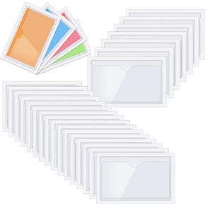 Outus 100 Pack Self Adhesive Index Card Pockets with Top Open for Loading Ideal Card Holder for Organizing and Protecting Your Index Cards Crystal Clear Plastic (3.5 x 4.4 Inch)