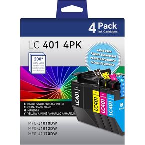 LC401 Ink Cartridges Compatible for Brother LC401 Ink Cartridges Color Standard Yield Work with Brother MFC-J1010DW MFC-J1012DW MFC-J1170DW Printer (1 Black,1 Cyan,1 Magenta,1 Yellow,4 Pack)
