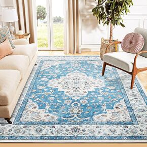 Ultra-Thin 3x5 Washable Vintage Area Rug - Boho Non-Slip Washable Rug for Entryway,Kitchen,Bathroom,Office Rug,Stain Resistant Small Carpet (Blue,3'x5')