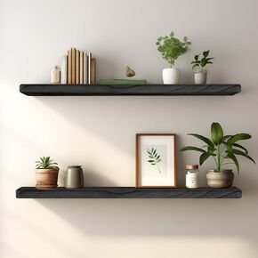 Floating Shelves 16 Inches, Set of 3 Rustic Wood Wall Mounted Shelves, Wall Picture Ledge Shelf with Invisible Metal Brackets for Living Room, Bedroom, Bathroom, Carbonized Black