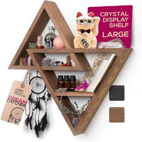 Crystal Display Shelf with Dream Catchers - 20.4" Large Crystal Shelf Display for Wall, Trinket Shelf Crystal Holder, Triangle Shelf, Moon Shelf, Spiritual Home Decor Shelves for Rocks, Stones - Brown