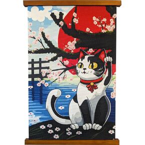 Wall Scroll Art - Japanese Waving Cat - Cherry Blossom - 16x24 in.
