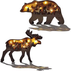 3D Wooden Wall Art Decor Lighted DIY LED Shelf Decorations, Hunting Forest Decor Cabin Clearance for Home & Office, Deer Statues Figurine Animals Shaped Collection Wildlife Gift (2PCS)