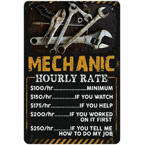 Vintage Wall Decor Retro Vintage Metal Sign Mechanic Hourly Rate Reproduction Metal Tin Sign Wall Decor for Cafe Bar Pub Home 12" X 8" Inches