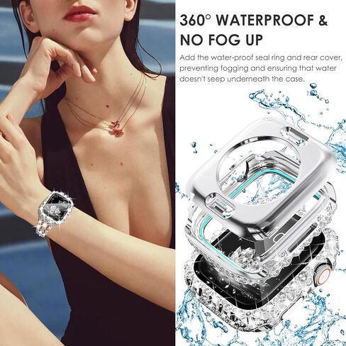 Surace متوافق مع سوار ساعة Apple مقاس 40 مم للنساء السلسلة 6 5 4، سوار من حجر الراين الماسي اللامع مع غطاء بلينغ مقاوم للماء 2 في 1 بحافة من الدانتيل وغطاء وجه واقٍ من الصدمات الماسية، فضي in Kuwait