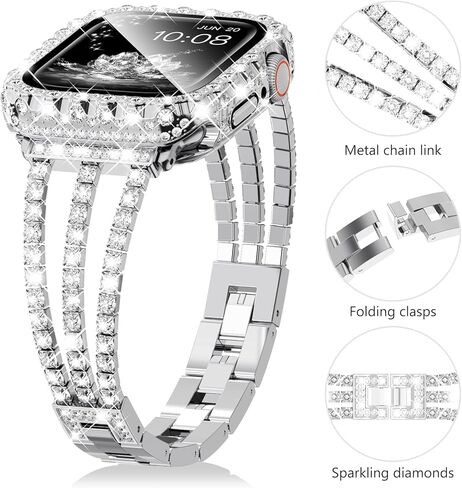 Surace متوافق مع سوار ساعة Apple مقاس 40 مم للنساء السلسلة 6 5 4، سوار من حجر الراين الماسي اللامع مع غطاء بلينغ مقاوم للماء 2 في 1 بحافة من الدانتيل وغطاء وجه واقٍ من الصدمات الماسية، فضي in Kuwait