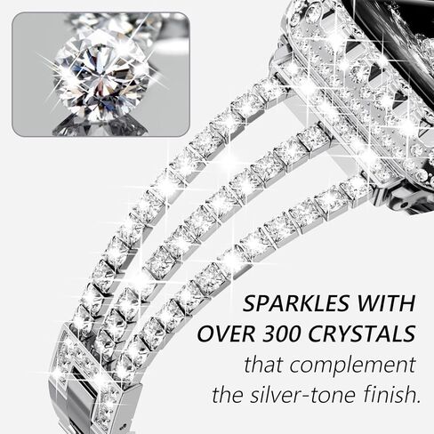 Surace متوافق مع سوار ساعة Apple مقاس 40 مم للنساء السلسلة 6 5 4، سوار من حجر الراين الماسي اللامع مع غطاء بلينغ مقاوم للماء 2 في 1 بحافة من الدانتيل وغطاء وجه واقٍ من الصدمات الماسية، فضي in Kuwait