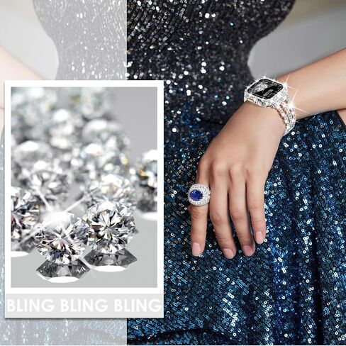 Surace متوافق مع سوار ساعة Apple مقاس 40 مم للنساء السلسلة 6 5 4، سوار من حجر الراين الماسي اللامع مع غطاء بلينغ مقاوم للماء 2 في 1 بحافة من الدانتيل وغطاء وجه واقٍ من الصدمات الماسية، فضي in Kuwait