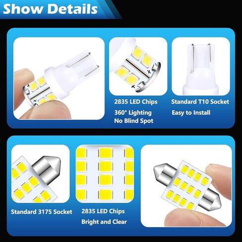 36 قطعة من مصابيح السيارة الداخلية LED، T10 28 مم 31 مم 42 مم T5 مجموعة مصابيح السيارة LED للأضواء الداخلية للسيارة، أضواء قبة الخريطة الداخلية، أضواء الترخيص، أضواء صندوق السيارة، إلخ. (أبيض) in Kuwait