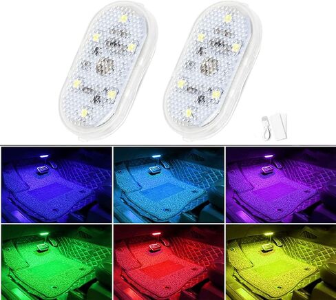 قطعتان من مصابيح LED الداخلية للسيارة، 7 ألوان مصابيح LED داخلية للسيارة مع 6 حبات مصباح LED ساطعة، ضوء القراءة الليلية المحمول للأجواء الداخلية للسيارة، ضوء إضاءة USB قابل لإعادة الشحن (7 أضواء ملونة) in Saudi Arabia