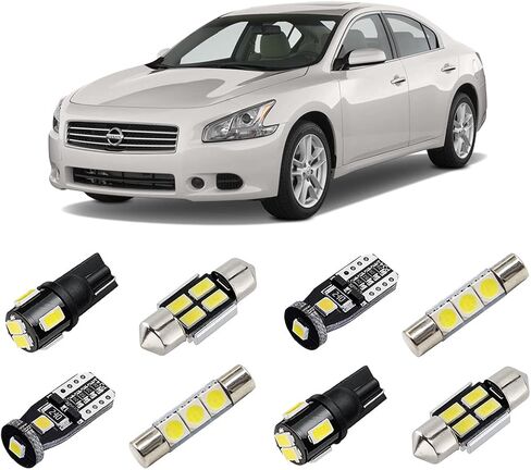 مجموعة مصابيح LED داخلية بيضاء لسيارة Nissan Maxima 2009 2010 2011 2012 2013 2014 2015 مجموعة مصابيح الإضاءة الداخلية LED فائقة السطوع 6000K + أضواء لوحة الترخيص وأداة التثبيت in Saudi Arabia