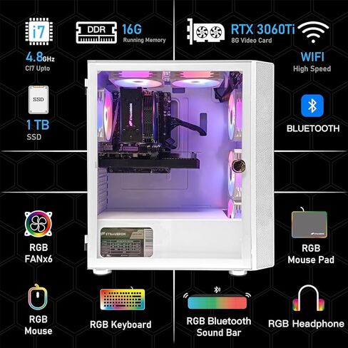 كمبيوتر سطح المكتب للألعاب STGAubron، Intel Core i7-10700F حتى 4.8G، GeForce RTX 3060 Ti 8G GDDR6، 16G DDR4، 1T SSD، WiFi، BT 5.0، RGB Fan x 6، لوحة مفاتيح وماوس ولوحة ماوس RGB، شريط صوت RGB BT، ألعاب RGB BT ميكروفون، W11H64 in Kuwait