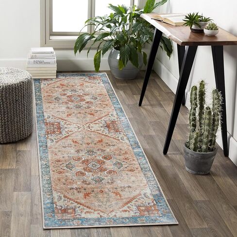 Ultra-Thin 3x5 Washable Vintage Area Rug - Boho Non-Slip Washable Rug for Entryway,Kitchen,Bathroom,Office Rug,Stain Resistant Small Carpet (Blue,3'x5') in Saudi Arabia