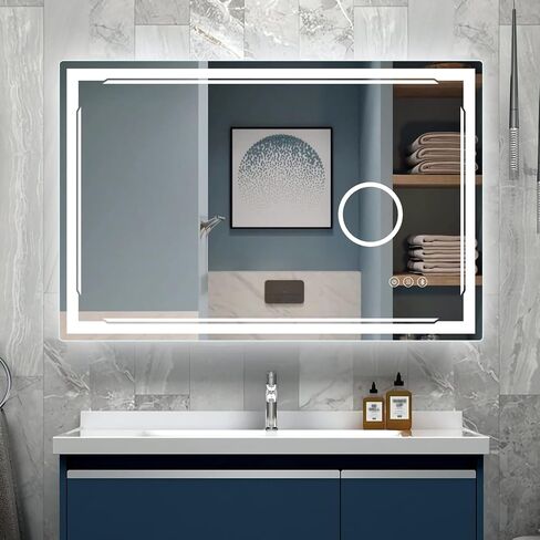 48''x30'' LED Bathroom Mirror with Built-in Bluetooth Speaker and 3X Magnifier - Smart Lighted Vanity Makeup Wall Mounted Mirrors - 3 Lights Setting Anti-Fog Dimmable Touch Button in Saudi Arabia