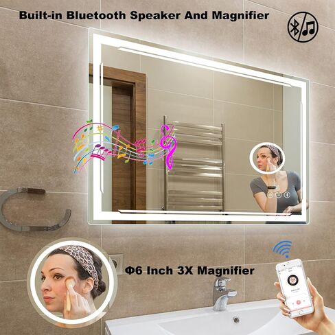 48''x30'' LED Bathroom Mirror with Built-in Bluetooth Speaker and 3X Magnifier - Smart Lighted Vanity Makeup Wall Mounted Mirrors - 3 Lights Setting Anti-Fog Dimmable Touch Button in Saudi Arabia
