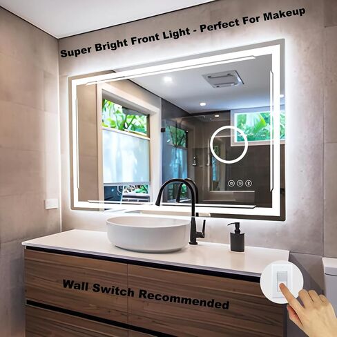 48''x30'' LED Bathroom Mirror with Built-in Bluetooth Speaker and 3X Magnifier - Smart Lighted Vanity Makeup Wall Mounted Mirrors - 3 Lights Setting Anti-Fog Dimmable Touch Button in Saudi Arabia