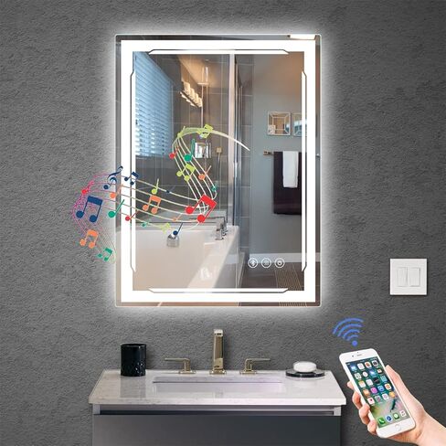 48''x30'' LED Bathroom Mirror with Built-in Bluetooth Speaker and 3X Magnifier - Smart Lighted Vanity Makeup Wall Mounted Mirrors - 3 Lights Setting Anti-Fog Dimmable Touch Button in Saudi Arabia
