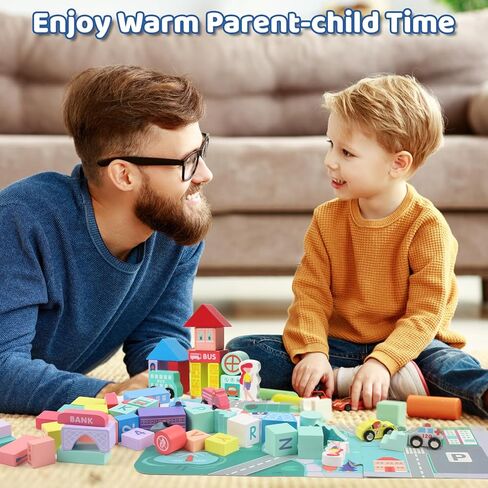 مكعبات بناء XIAPIA خشبية، مكعبات بناء المدينة مع خريطة، ألعاب تعليمية لمرحلة ما قبل المدرسة لعمر 3 سنوات فما فوق، مجموعة مكعبات بناء خشبية للهدايا للأولاد والبنات in Kuwait