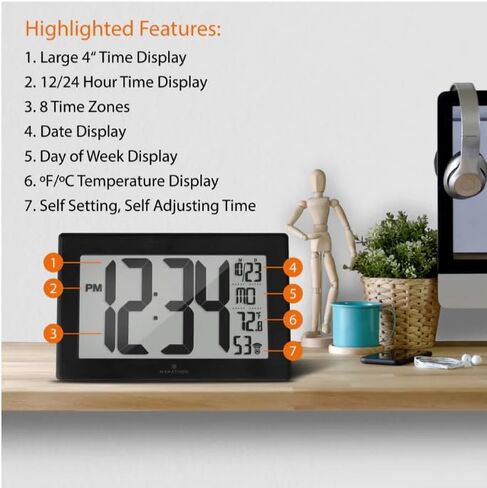 MARATHON Atomic Wall Clock with Stand, Black Frame/Stainless Steel Finish - Large, 9-Inch Display - AM/PM or 24-Hour Time Format, Eight Time Zones & Indoor Temperature - Two AA Batteries Included in Saudi Arabia