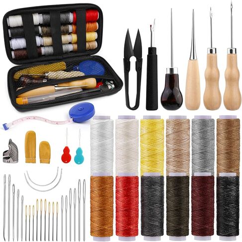طقم خياطة إصلاح المفروشات الجلدية من TLKKUE، أدوات ولوازم صناعة الجلود، مجموعة عمل جلدية مع خيط مشمع، إبر خياطة شديدة التحمل، كشتبان للأحذية، إصلاح السجاد والأريكة والخياطة in Kuwait