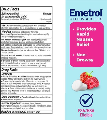 Emetrol Non-Drowsy Nausea Relief - Travel Friendly Nausea Medicine for Upset Stomach - Pharmacist Recommended Nausea Relief - Lemon Flavor, 42 Tablets in Kuwait