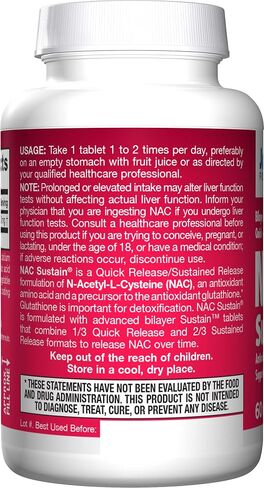 Jarrow Formulas N-A-C Sustain 600 mg - Antioxidant Amino Acid Supplement - 60 Sustain Tablets - Supports Liver & Lung Function - Precursor to Glutathione - 60 Servings (PACKAGING MAY VARY) in Kuwait