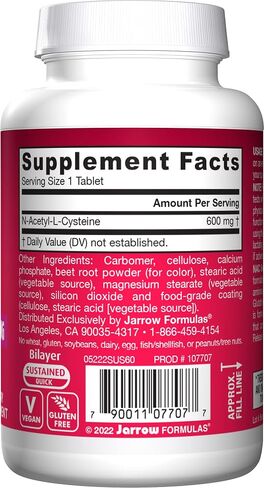Jarrow Formulas N-A-C Sustain 600 mg - Antioxidant Amino Acid Supplement - 60 Sustain Tablets - Supports Liver & Lung Function - Precursor to Glutathione - 60 Servings (PACKAGING MAY VARY) in Kuwait