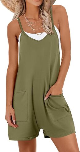 Caracilia Women's Summer Casual Rompers Sleeveless Loose Spaghetti Strap Short Jumpsuits Overalls With Pockets in Kuwait