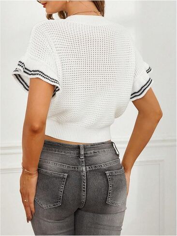 Verdusa Women's Ruffled Short Sleeve Round Neck Knitted Crop Top Pullovers Sweater in Kuwait