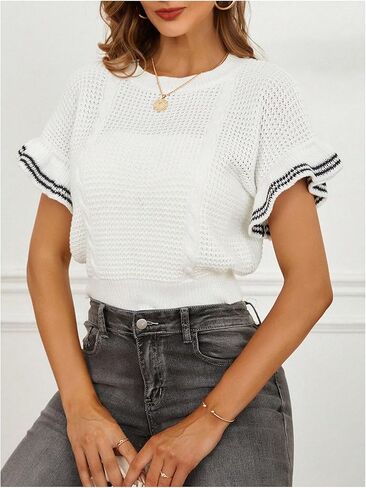 Verdusa Women's Ruffled Short Sleeve Round Neck Knitted Crop Top Pullovers Sweater in Kuwait