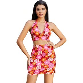 Verdusa Women's 2 Piece Outfit Floral Crop Halter Top and Split Bodycon Sets in Kuwait