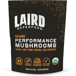 Laird Superfood Organic Performance Mushroom Blend with Chaga, Cordyceps, Lion's Mane and Maitake for Energy and Cognition, 3.17 oz. Bag, Pack of 1