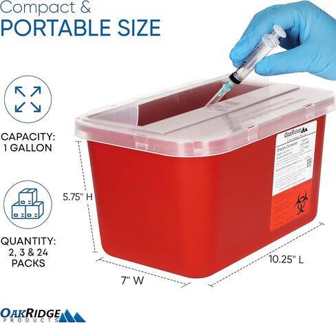منتجات أوكريدج حاوية كبيرة للأدوات الحادة للاستخدام المنزلي والمهني سعة 1 جالون (3 عبوات)، التخلص من الإبرة والمحاقن من المخاطر البيولوجية، غطاء منبثق، معتمد من مراكز السيطرة على الأمراض (CDC) in Kuwait