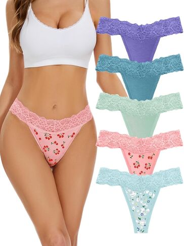 voenxe Seamless Lace Thongs for Women No Show Thong Underwear,Lady Breathable Comfort Panty Soft Laser Cut Undie,Tanga,5-Pack in Kuwait